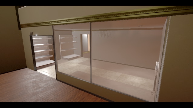 An empty glass-fronted shop interior after closing